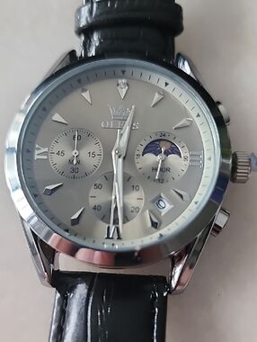 OLEVS Men’s Silver Dial Black Leather Strap Chronograph Watch